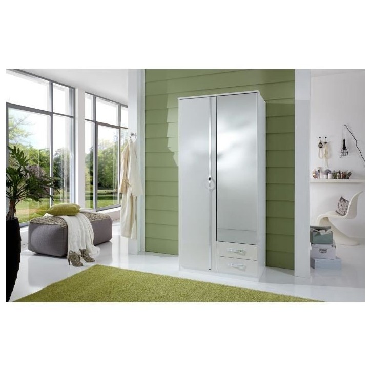 Armoire 2 portes battantes + miroir - Blanc brillant - L 91 x P 56 x H 199 cm - TRIO Armoire 2 portes battantes + miroir - Blanc brillant - L 91 x P 56 x H 199 cm - TRIO