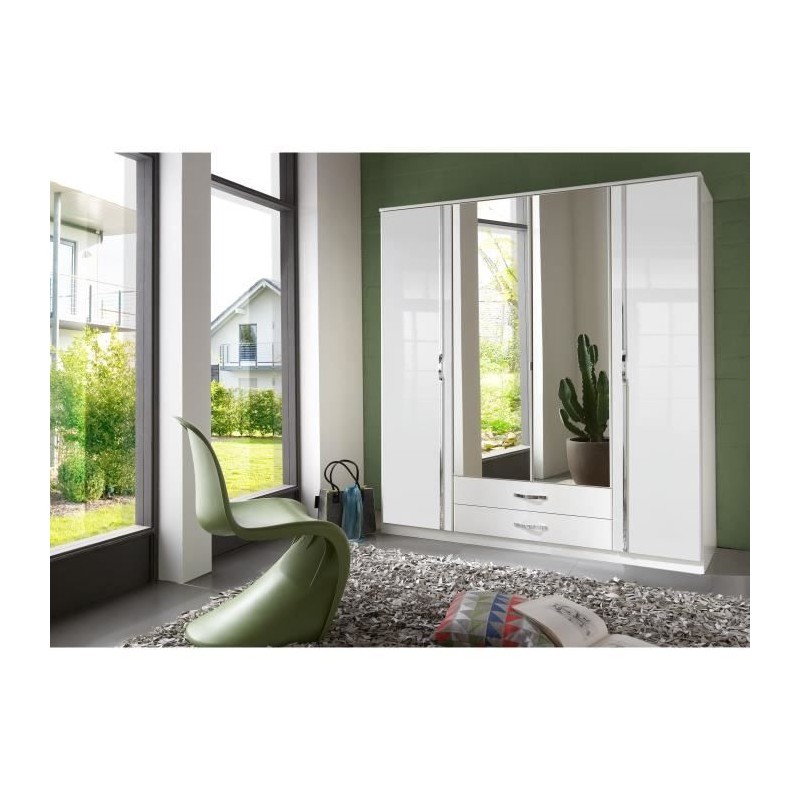 Armoire 4 portes battantes + miroirs - Blanc brillant - L180 x P56 x H Armoire 4 portes battantes + miroirs - Blanc brillant - L180 x P56 x H