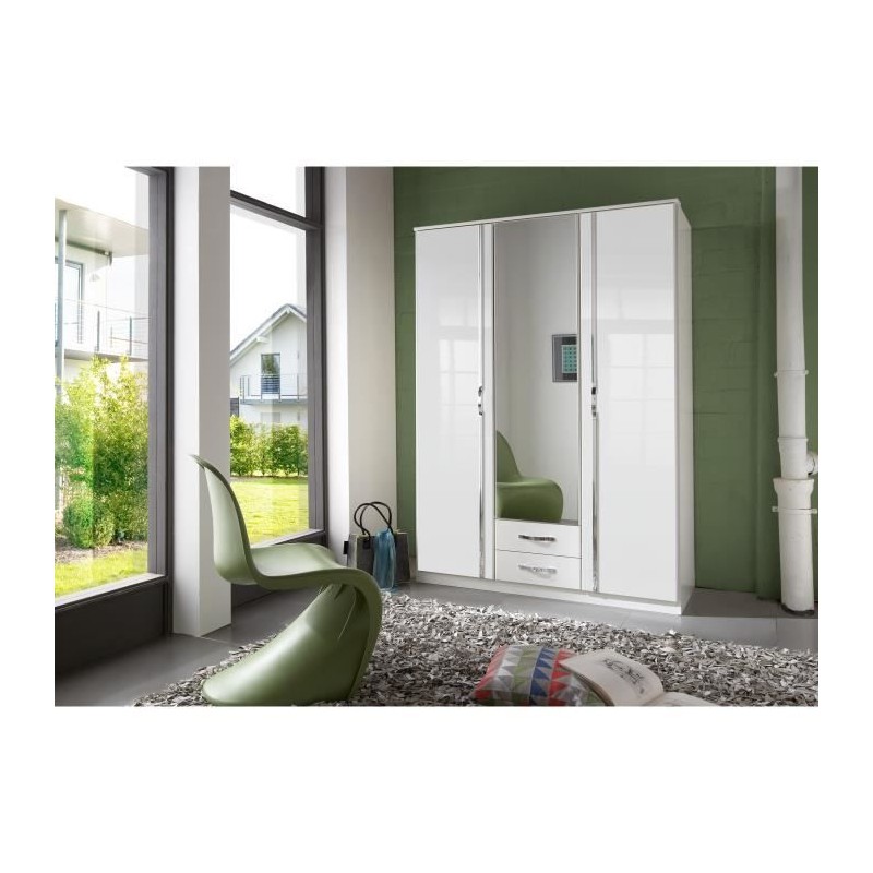 Armoire 3 portes battantes + miroir - Décor blanc brillant - L 135 x Armoire 3 portes battantes + miroir - Décor blanc brillant - L 135 x