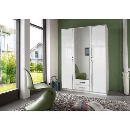 Armoire 3 portes battantes + miroir - Décor blanc brillant - L 135 x