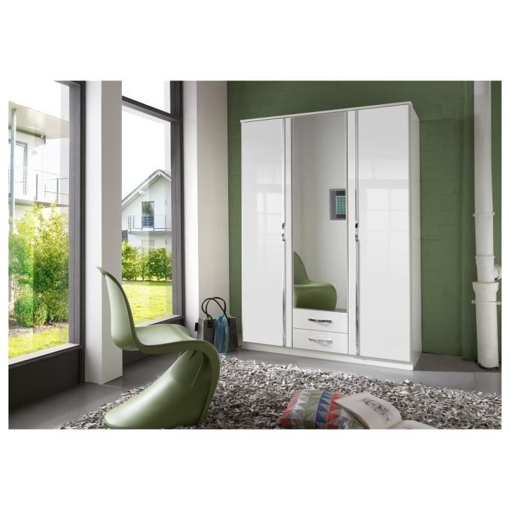 Armoire 3 portes battantes + miroir - Décor blanc brillant - L 135 x P 56 x H 199 cm - TRIO