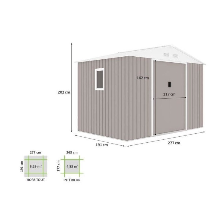Abri de jardin en métal 5,29 m² - 277 x 191 x 202 cm - VENUS Kit d'ancrage inclus, 2 portes coulissantes, 1 fenetre latérale Abri de jardin en métal 5,29 m² - 277 x 191 x 202 cm - VENUS Kit d'ancrage inclus, 2 portes coulissantes, 1 fenetre latérale