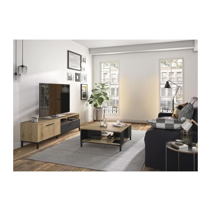 Ensemble meuble TV et table basse - TRUST - Chene / Noir - GAMI Ensemble meuble TV et table basse - TRUST - Chene / Noir - GAMI