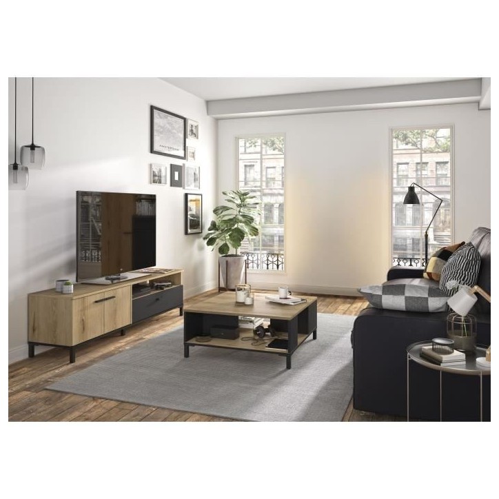 Ensemble meuble TV et table basse - TRUST - Chene / Noir - GAMI