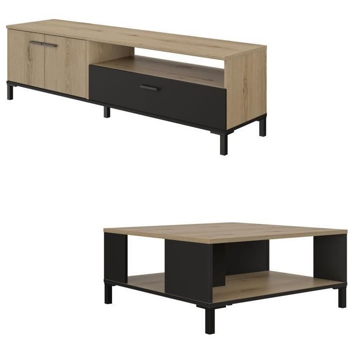Ensemble meuble TV et table basse - TRUST - Chene / Noir - GAMI