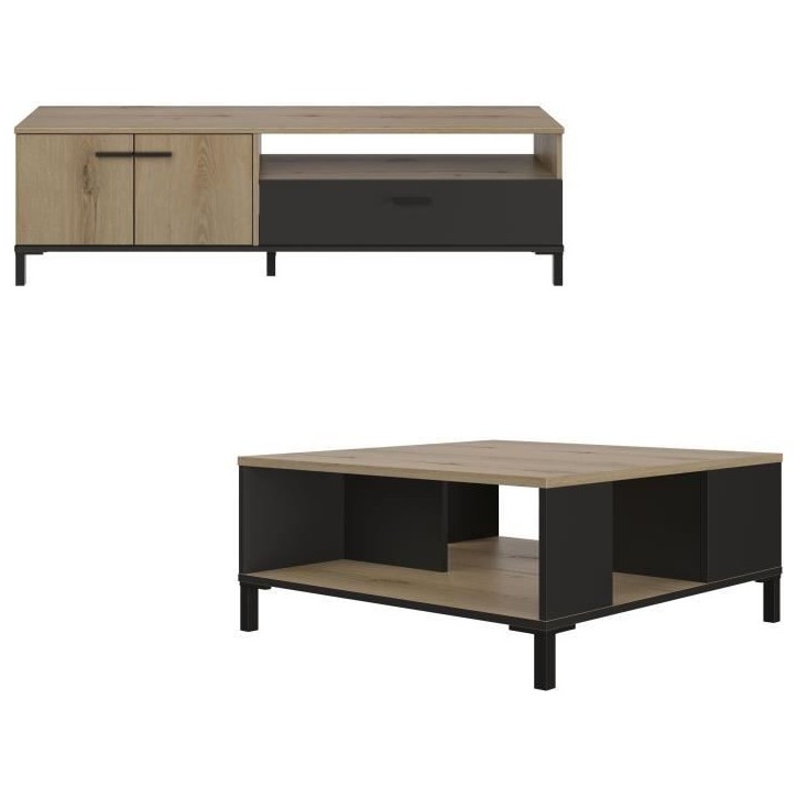 Ensemble meuble TV et table basse - TRUST - Chene / Noir - GAMI