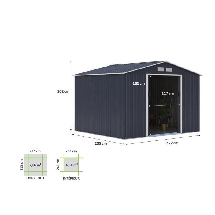 Abri de jardin en métal 7,06 m² - 277 x 255 x 202 cm - MERCURE - Kit d'ancrage inclus, 2 portes coulissantes - Gris Abri de jardin en métal 7,06 m² - 277 x 255 x 202 cm - MERCURE - Kit d'ancrage inclus, 2 portes coulissantes - Gris
