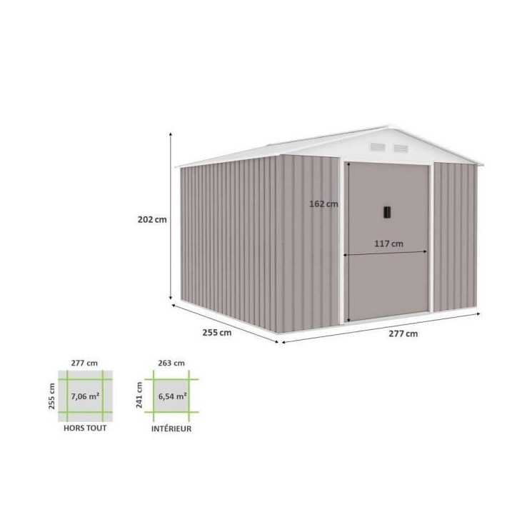 Abri de jardin en métal 7,06 m² - 277 x 255 x 202 cm - MERCURE - Kit d'ancrage inclus, 2 portes coulissantes - Taupe Abri de jardin en métal 7,06 m² - 277 x 255 x 202 cm - MERCURE - Kit d'ancrage inclus, 2 portes coulissantes - Taupe