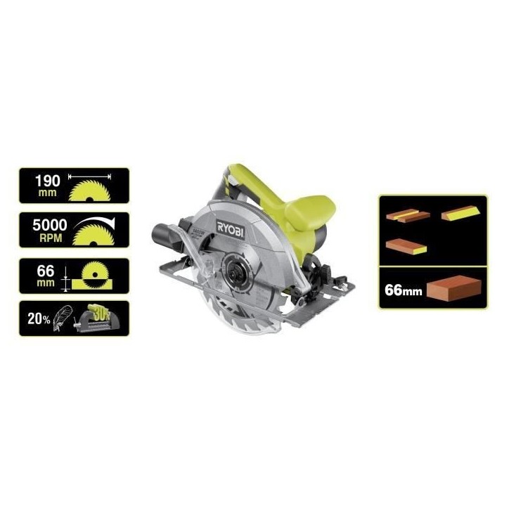 RYOBI - Scie circulaire 1 400 W - 1 lame diam. 190 mm 20 dents, 1 guide parallele, 1 buse d'aspiration et clé de service - RCS1