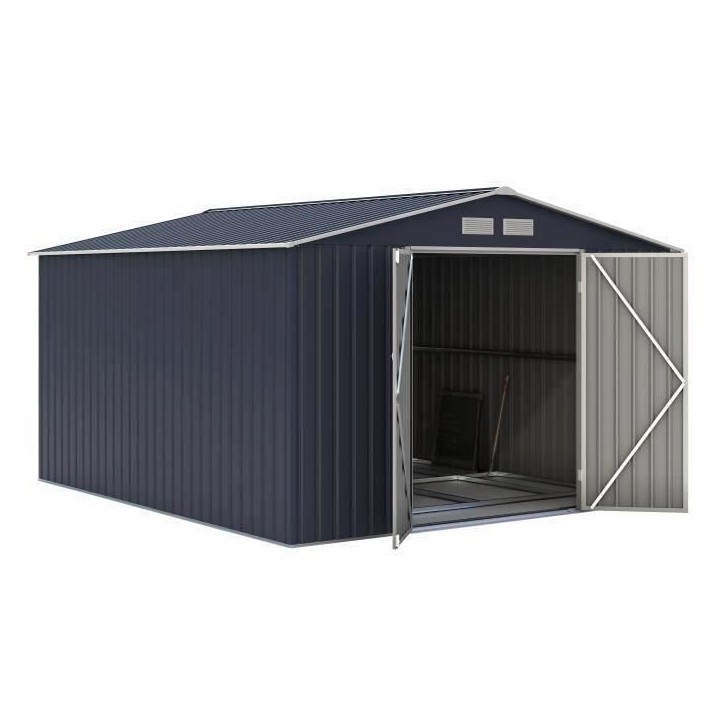 Abri de jardin en métal 8,84 m² - 277 x 319 x 202 cm - VELASCO - Kit d'ancrage inclus, 2 portes battantes - Gris Abri de jardin en métal 8,84 m² - 277 x 319 x 202 cm - VELASCO - Kit d'ancrage inclus, 2 portes battantes - Gris
