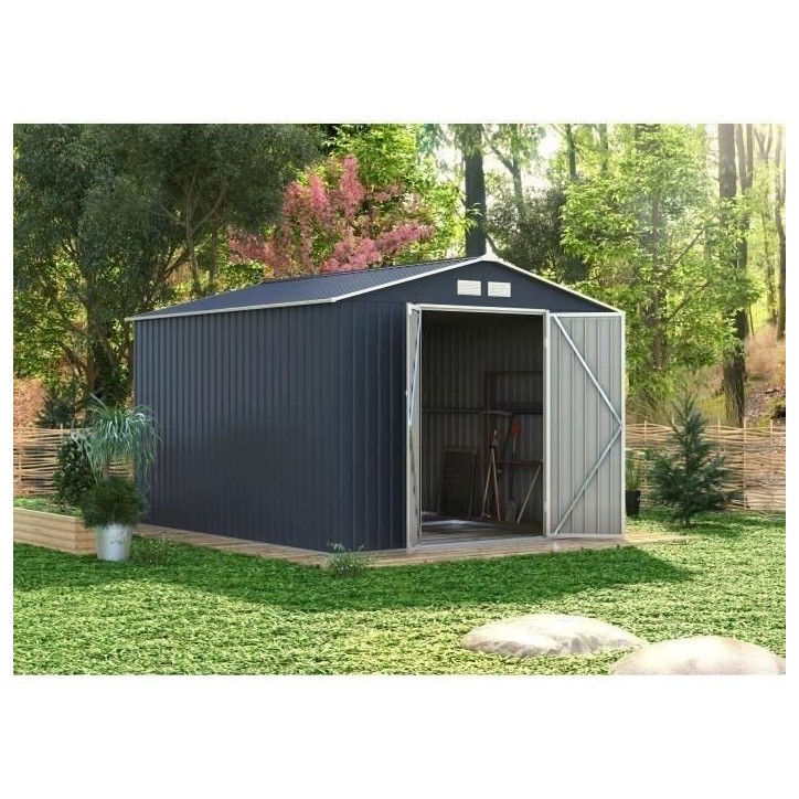 Abri de jardin en métal 8,84 m² - 277 x 319 x 202 cm - VELASCO - Kit d'ancrage inclus, 2 portes battantes - Gris Abri de jardin en métal 8,84 m² - 277 x 319 x 202 cm - VELASCO - Kit d'ancrage inclus, 2 portes battantes - Gris