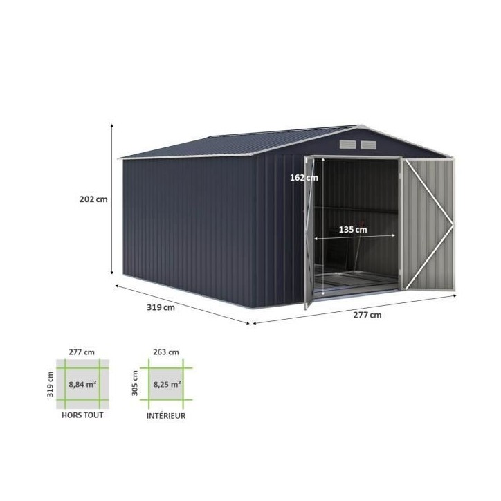 Abri de jardin en métal 8,84 m² - 277 x 319 x 202 cm - VELASCO - Kit d'ancrage inclus, 2 portes battantes - Gris Abri de jardin en métal 8,84 m² - 277 x 319 x 202 cm - VELASCO - Kit d'ancrage inclus, 2 portes battantes - Gris