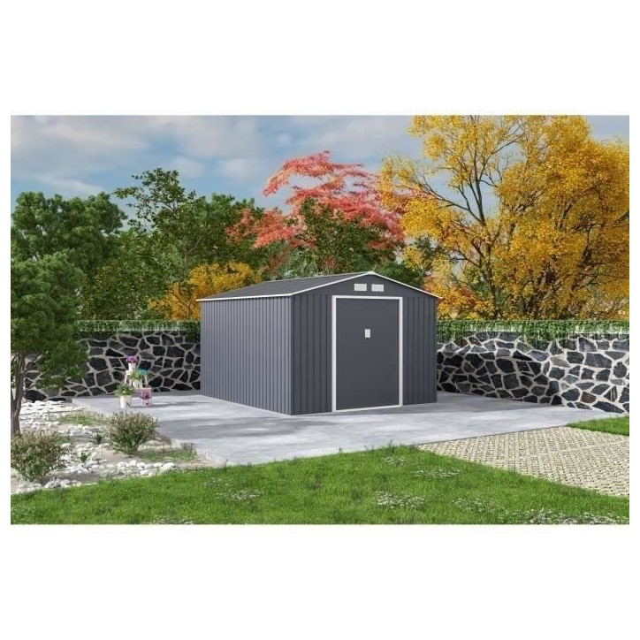 Abri de jardin en métal 8,84 m² - 277 x 319 x 202 cm - URANUS - Kit d'ancrage inclus, 2 portes coulissantes - Gris Abri de jardin en métal 8,84 m² - 277 x 319 x 202 cm - URANUS - Kit d'ancrage inclus, 2 portes coulissantes - Gris
