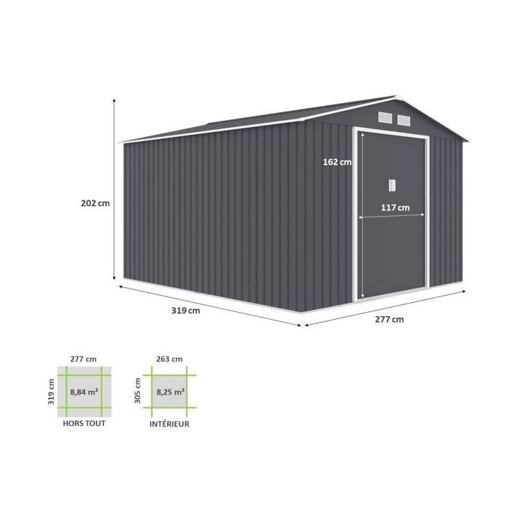 Abri de jardin en métal 8,84 m² - 277 x 319 x 202 cm - URANUS - Kit d'ancrage inclus, 2 portes coulissantes - Gris Abri de jardin en métal 8,84 m² - 277 x 319 x 202 cm - URANUS - Kit d'ancrage inclus, 2 portes coulissantes - Gris