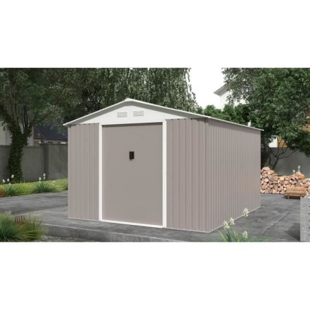Abri de jardin en métal 8,84 m² - 277 x 319 x 202 cm - URANUS - Kit d'ancrage inclus, 2 portes coulissantes - Taupe