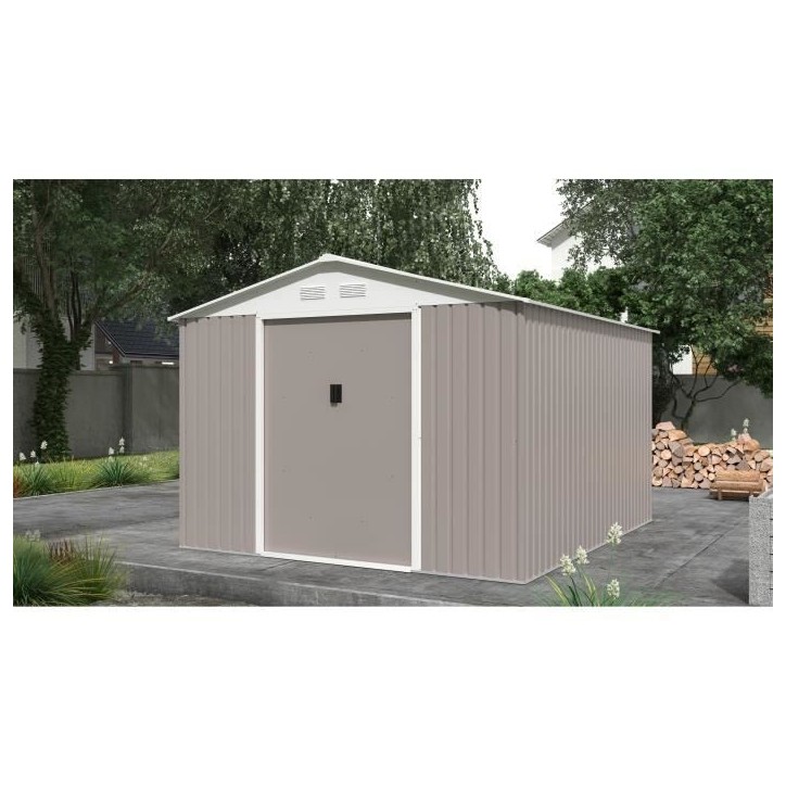 Abri de jardin en métal 8,84 m² - 277 x 319 x 202 cm - URANUS - Kit d'ancrage inclus, 2 portes coulissantes - Taupe Abri de jardin en métal 8,84 m² - 277 x 319 x 202 cm - URANUS - Kit d'ancrage inclus, 2 portes coulissantes - Taupe
