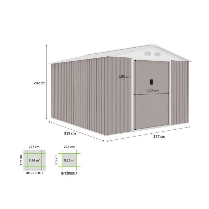 Abri de jardin en métal 8,84 m² - 277 x 319 x 202 cm - URANUS - Kit d'ancrage inclus, 2 portes coulissantes - Taupe Abri de jardin en métal 8,84 m² - 277 x 319 x 202 cm - URANUS - Kit d'ancrage inclus, 2 portes coulissantes - Taupe