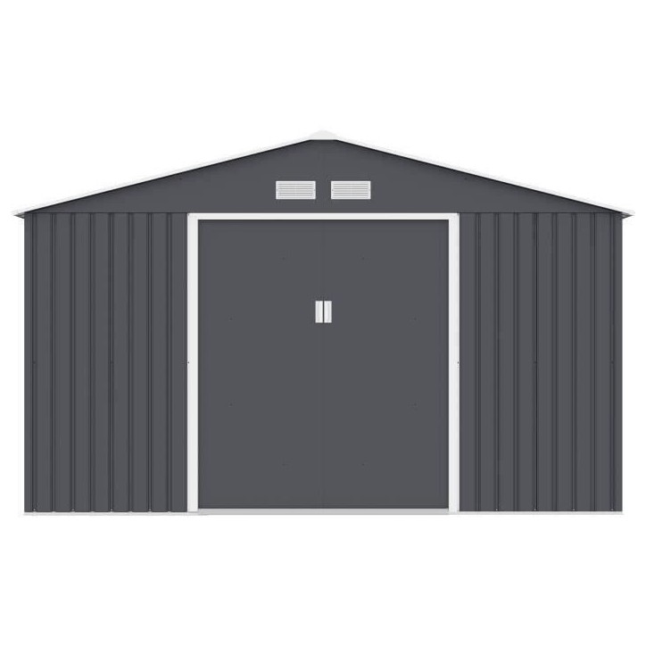 Abri de jardin en métal 10,85 m² - 340 x 319 x 210 cm - JUPITER - Kit d'ancrage inclus, 2 portes coulissantes - Gris Abri de jardin en métal 10,85 m² - 340 x 319 x 210 cm - JUPITER - Kit d'ancrage inclus, 2 portes coulissantes - Gris