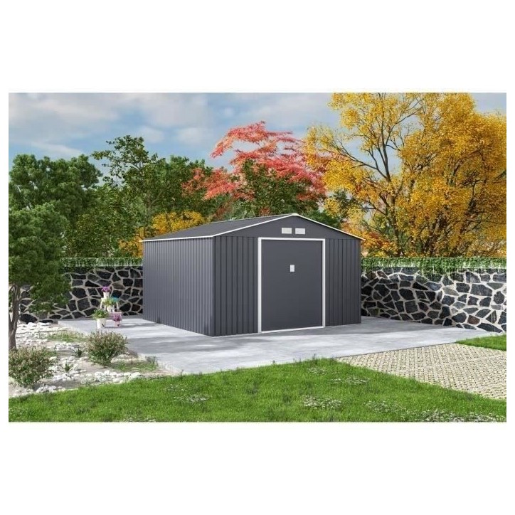 Abri de jardin en métal 10,85 m² - 340 x 319 x 210 cm - JUPITER - Kit d'ancrage inclus, 2 portes coulissantes - Gris Abri de jardin en métal 10,85 m² - 340 x 319 x 210 cm - JUPITER - Kit d'ancrage inclus, 2 portes coulissantes - Gris