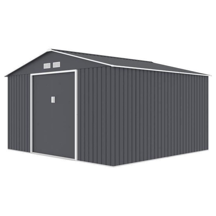 Abri de jardin en métal 10,85 m² - 340 x 319 x 210 cm - JUPITER - Kit d'ancrage inclus, 2 portes coulissantes - Gris Abri de jardin en métal 10,85 m² - 340 x 319 x 210 cm - JUPITER - Kit d'ancrage inclus, 2 portes coulissantes - Gris