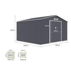 Abri de jardin en métal 10,85 m² - 340 x 319 x 210 cm - JUPITER - Ki