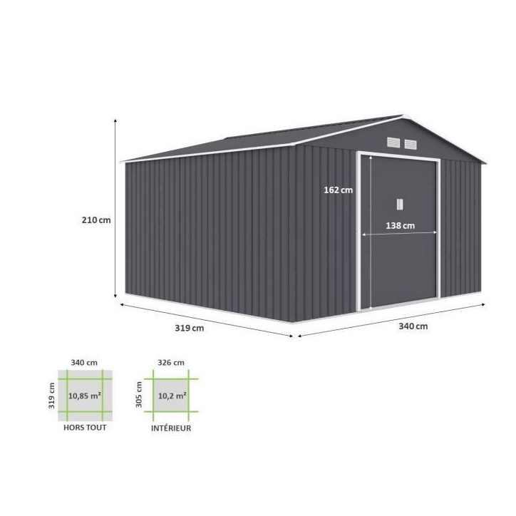 Abri de jardin en métal 10,85 m² - 340 x 319 x 210 cm - JUPITER - Kit d'ancrage inclus, 2 portes coulissantes - Gris Abri de jardin en métal 10,85 m² - 340 x 319 x 210 cm - JUPITER - Kit d'ancrage inclus, 2 portes coulissantes - Gris