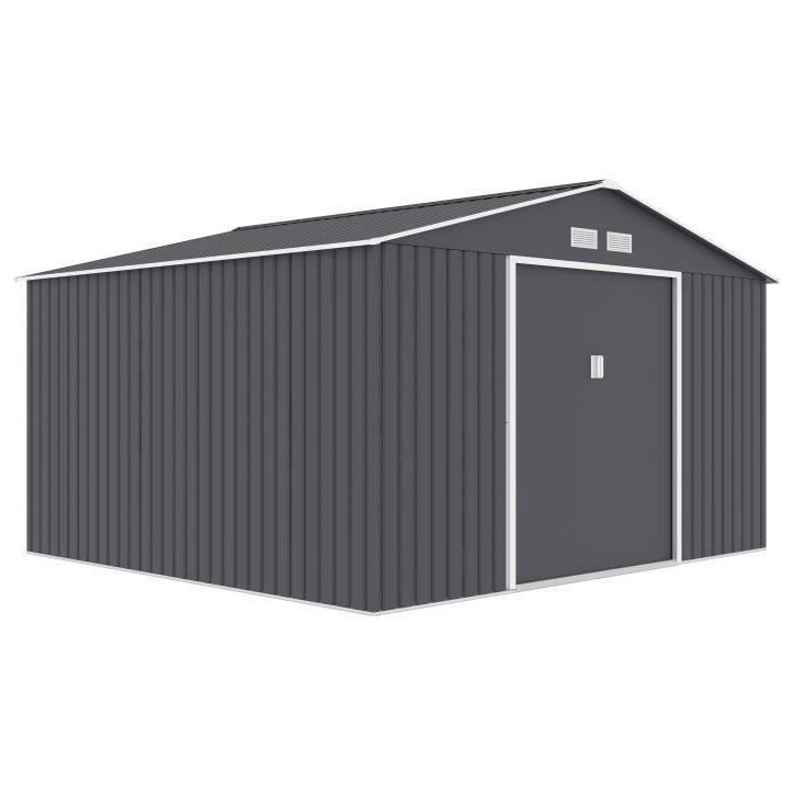 Abri de jardin en métal 10,85 m² - 340 x 319 x 210 cm - JUPITER - Kit d'ancrage inclus, 2 portes coulissantes - Gris Abri de jardin en métal 10,85 m² - 340 x 319 x 210 cm - JUPITER - Kit d'ancrage inclus, 2 portes coulissantes - Gris
