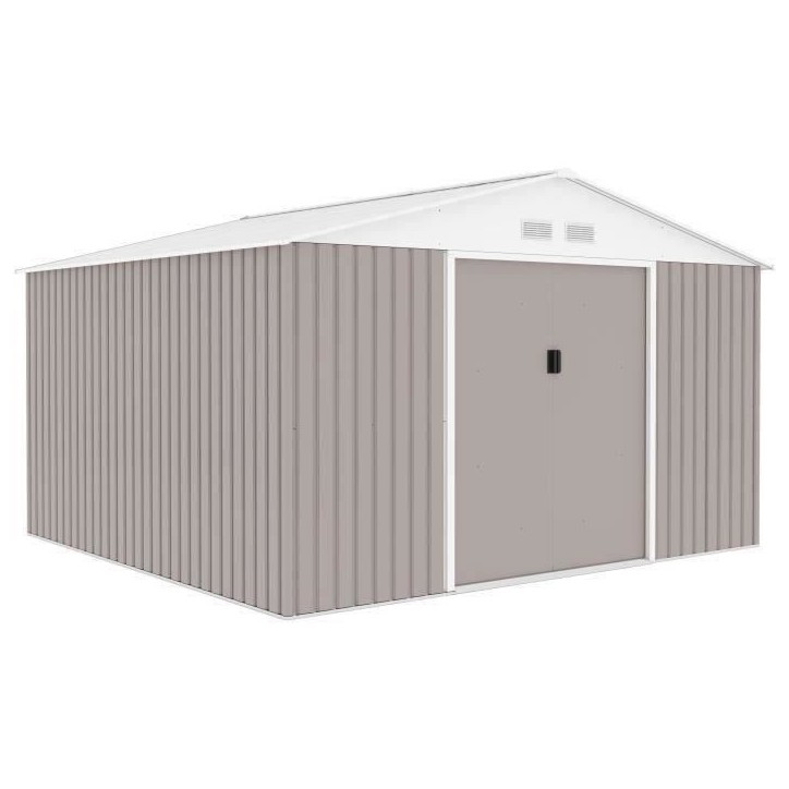 Abri de jardin en métal 10,85 m² - 340 x 319 x 210 cm - JUPITER - Kit d'ancrage inclus, 2 portes coulissantes - Taupe Abri de jardin en métal 10,85 m² - 340 x 319 x 210 cm - JUPITER - Kit d'ancrage inclus, 2 portes coulissantes - Taupe