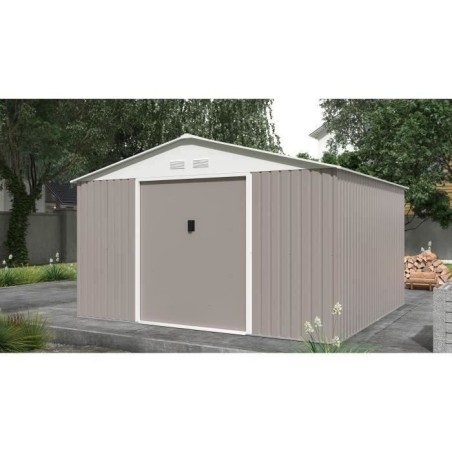 Abri de jardin en métal 10,85 m² - 340 x 319 x 210 cm - JUPITER - Kit d'ancrage inclus, 2 portes coulissantes - Taupe