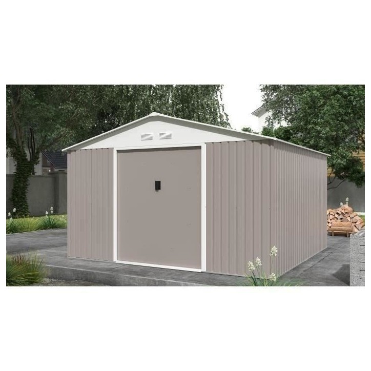 Abri de jardin en métal 10,85 m² - 340 x 319 x 210 cm - JUPITER - Kit d'ancrage inclus, 2 portes coulissantes - Taupe Abri de jardin en métal 10,85 m² - 340 x 319 x 210 cm - JUPITER - Kit d'ancrage inclus, 2 portes coulissantes - Taupe