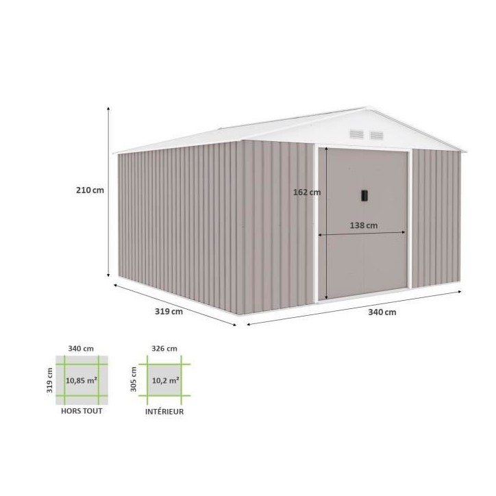 Abri de jardin en métal 10,85 m² - 340 x 319 x 210 cm - JUPITER - Kit d'ancrage inclus, 2 portes coulissantes - Taupe Abri de jardin en métal 10,85 m² - 340 x 319 x 210 cm - JUPITER - Kit d'ancrage inclus, 2 portes coulissantes - Taupe