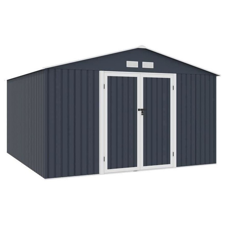 Abri de jardin en métal 10,85 m2 - 340 x 319 x 210 - LUNEX - Kit d'ancrage inclus, 2 portes battantes - Gris Abri de jardin en métal 10,85 m2 - 340 x 319 x 210 - LUNEX - Kit d'ancrage inclus, 2 portes battantes - Gris
