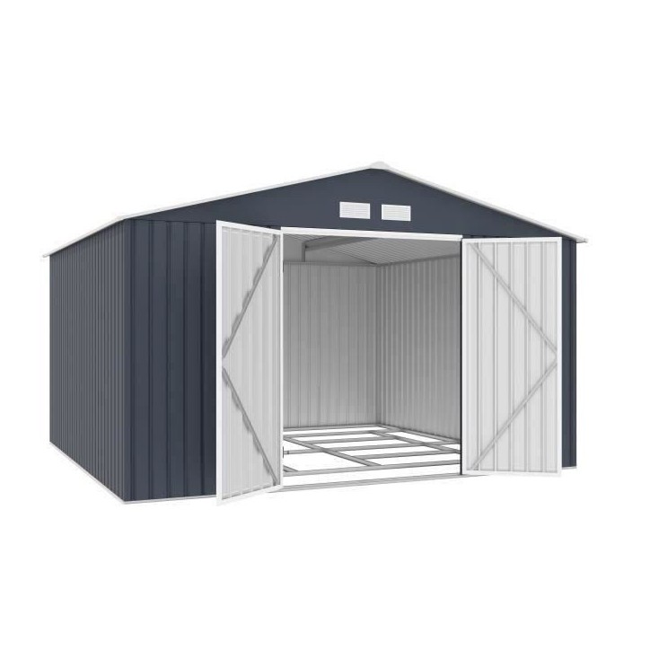 Abri de jardin en métal 10,85 m2 - 340 x 319 x 210 - LUNEX - Kit d'ancrage inclus, 2 portes battantes - Gris Abri de jardin en métal 10,85 m2 - 340 x 319 x 210 - LUNEX - Kit d'ancrage inclus, 2 portes battantes - Gris