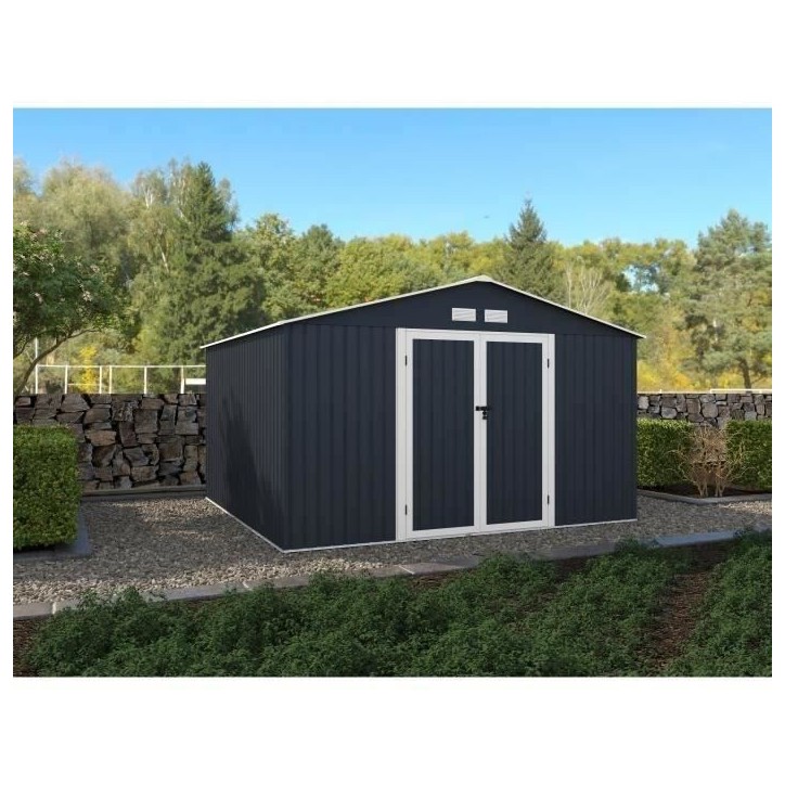 Abri de jardin en métal 10,85 m2 - 340 x 319 x 210 - LUNEX - Kit d'ancrage inclus, 2 portes battantes - Gris Abri de jardin en métal 10,85 m2 - 340 x 319 x 210 - LUNEX - Kit d'ancrage inclus, 2 portes battantes - Gris