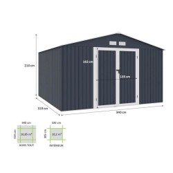 Abri de jardin en métal 10,85 m2 - 340 x 319 x 210 - LUNEX - Kit d'an