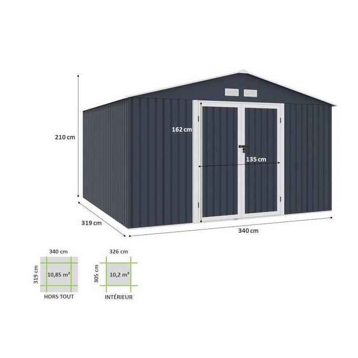 Abri de jardin en métal 10,85 m2 - 340 x 319 x 210 - LUNEX - Kit d'ancrage inclus, 2 portes battantes - Gris Abri de jardin en métal 10,85 m2 - 340 x 319 x 210 - LUNEX - Kit d'ancrage inclus, 2 portes battantes - Gris