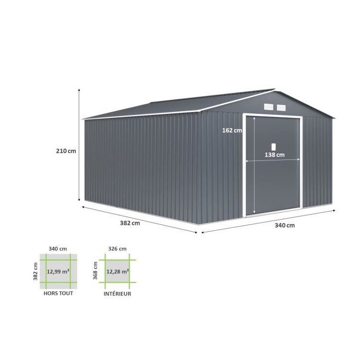 Abri de jardin en métal 12,99 m² - 340 x 382 x 210 cm - NEPTUNE - Kit d'ancrage inclus, 2 portes coulissantes - Gris Abri de jardin en métal 12,99 m² - 340 x 382 x 210 cm - NEPTUNE - Kit d'ancrage inclus, 2 portes coulissantes - Gris