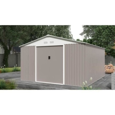 Abri de jardin en métal 12,99 m² - 340 x 382 x 210 cm - NEPTUNE - Kit d'ancrage inclus, 2 portes coulissantes - Taupe