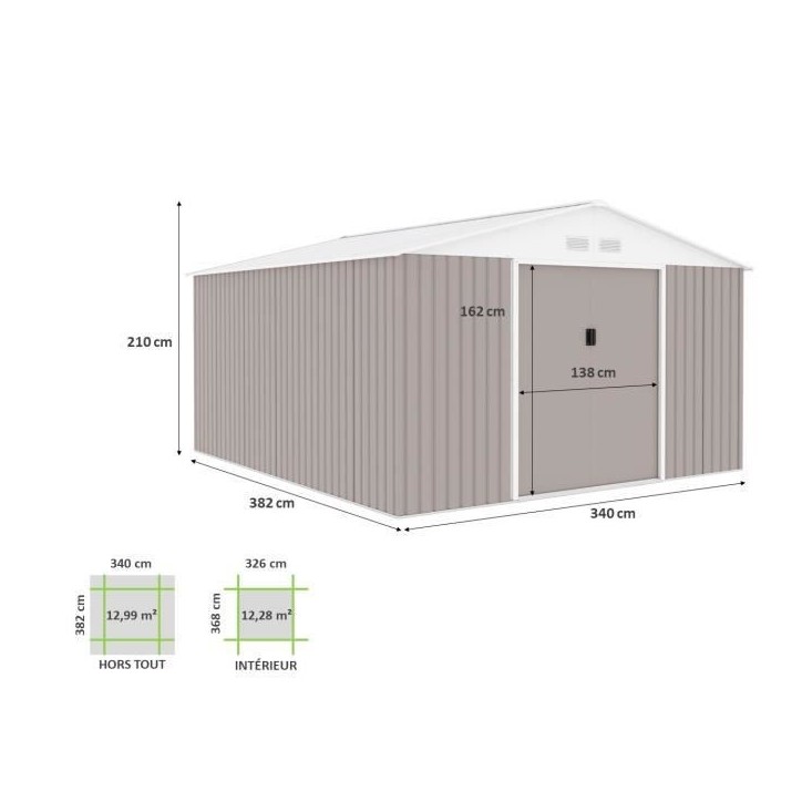 Abri de jardin en métal 12,99 m² - 340 x 382 x 210 cm - NEPTUNE - Kit d'ancrage inclus, 2 portes coulissantes - Taupe Abri de jardin en métal 12,99 m² - 340 x 382 x 210 cm - NEPTUNE - Kit d'ancrage inclus, 2 portes coulissantes - Taupe