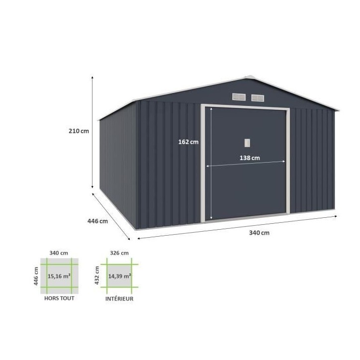 Abri de jardin en métal 15,16 m² - 340 x 446 x 210 - SATURNE - Kit d'ancrage inclus, 2 portes coulissantes - Gris Abri de jardin en métal 15,16 m² - 340 x 446 x 210 - SATURNE - Kit d'ancrage inclus, 2 portes coulissantes - Gris