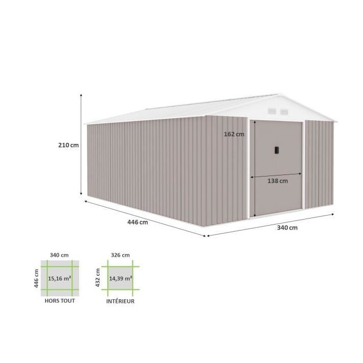 Abri de jardin en métal 15,16 m² - 340 x 446 x 210 - SATURNE - Kit d'ancrage inclus, 2 portes coulissantes - Taupe Abri de jardin en métal 15,16 m² - 340 x 446 x 210 - SATURNE - Kit d'ancrage inclus, 2 portes coulissantes - Taupe