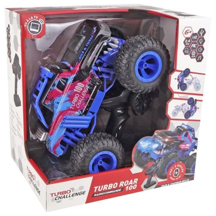 Voiture Télécommandée - TURBO CHALLENGE - Smashroar TC100 - Option Fumée - Bleu - 1/12 - Batterie Rechargeable et Piles incl