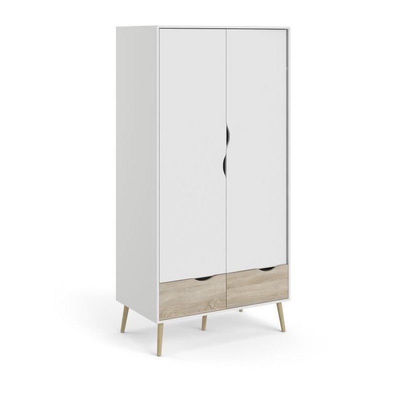 Armoire - Blanc / Chene - 2 portes / 2 tiroirs - Pietement évasé en Armoire - Blanc / Chene - 2 portes / 2 tiroirs - Pietement évasé en