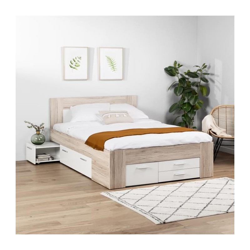 UDINE Lit adulte contemporain décor chene cendré et blanc mat - l 14 UDINE Lit adulte contemporain décor chene cendré et blanc mat - l 14