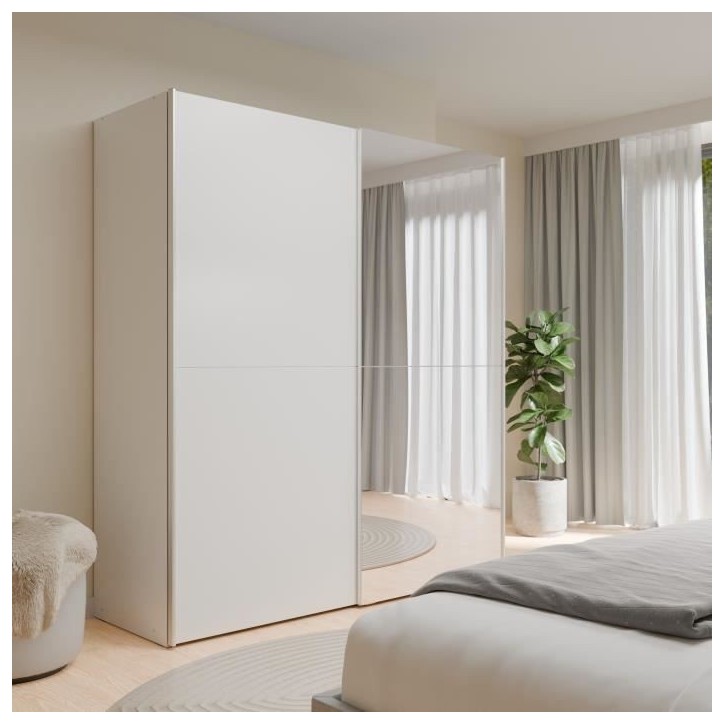 Armoire 2 portes coulissantes + miroir - Panneaux de particules - Blanc mat - L 170,3 x P 61,2 x H 190,5 cm - ULOS Armoire 2 portes coulissantes + miroir - Panneaux de particules - Blanc mat - L 170,3 x P 61,2 x H 190,5 cm - ULOS