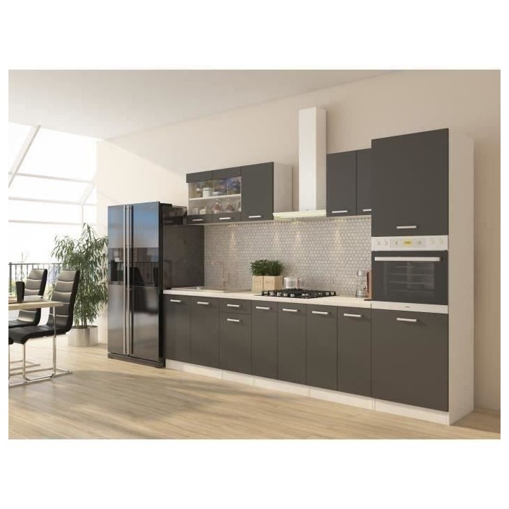 ULTRA Cuisine complete avec colonne four et plan de travail inclus - L 300 cm - 9 éléments - Gris mat