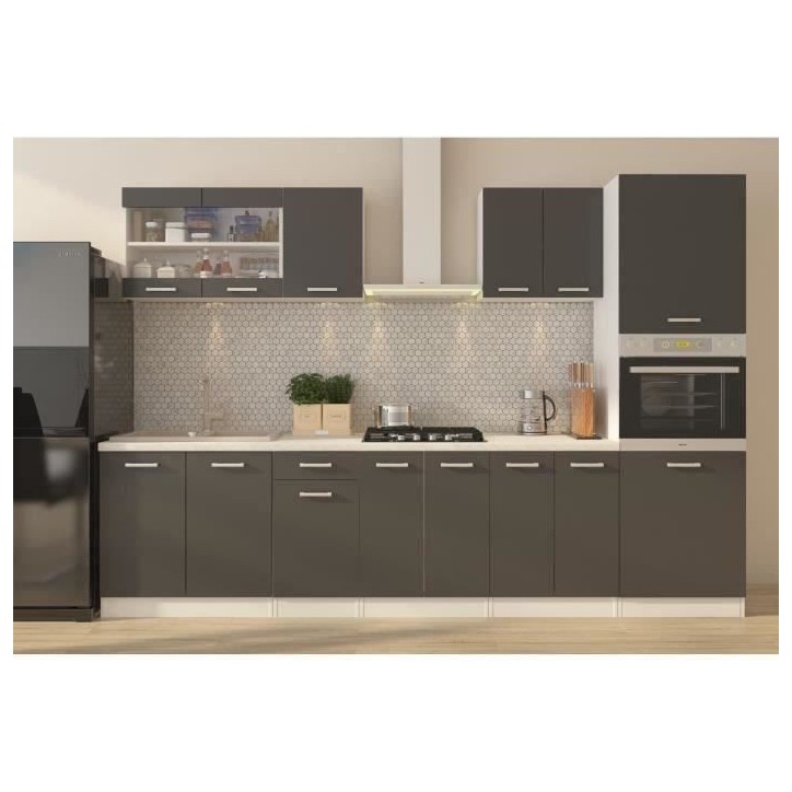 ULTRA Cuisine complete avec colonne four et plan de travail inclus - L 300 cm - 9 éléments - Gris mat