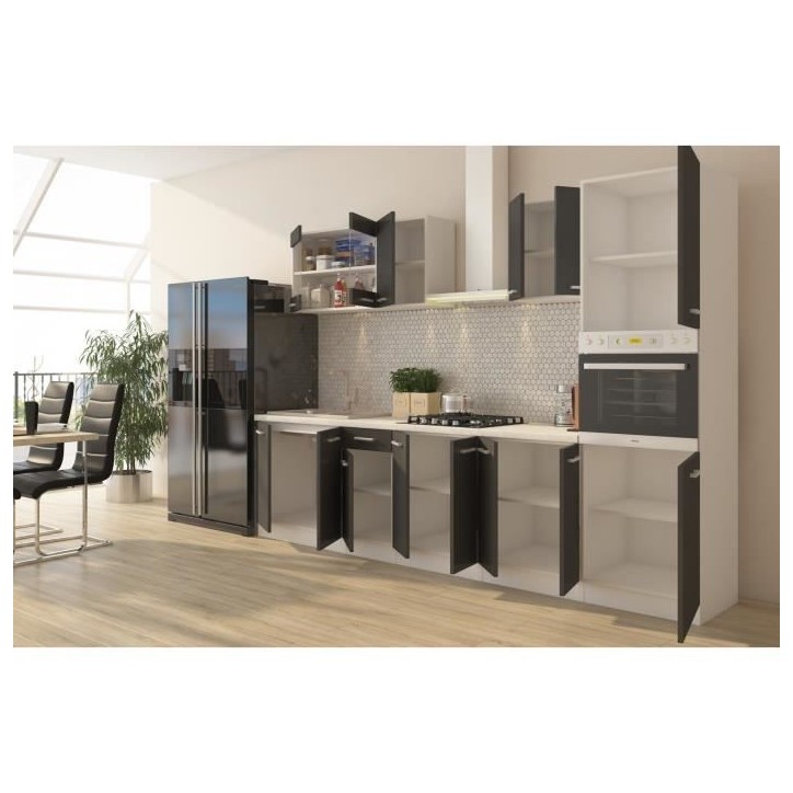 ULTRA Cuisine complete avec colonne four et plan de travail inclus - L 300 cm - 9 éléments - Gris mat