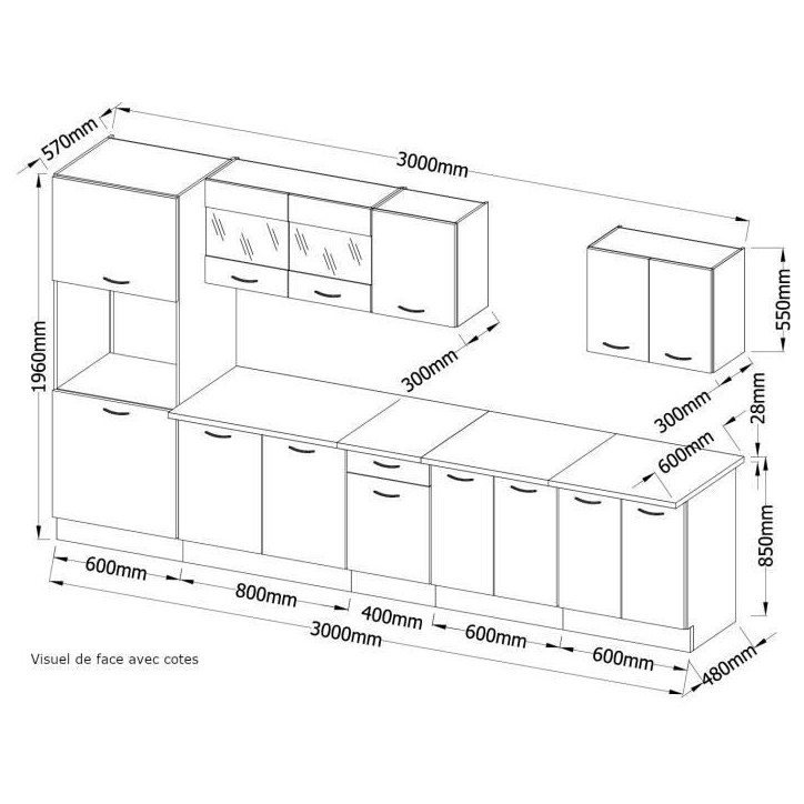 ULTRA Cuisine complete avec colonne four et plan de travail inclus - L 300 cm - 9 éléments - Gris mat