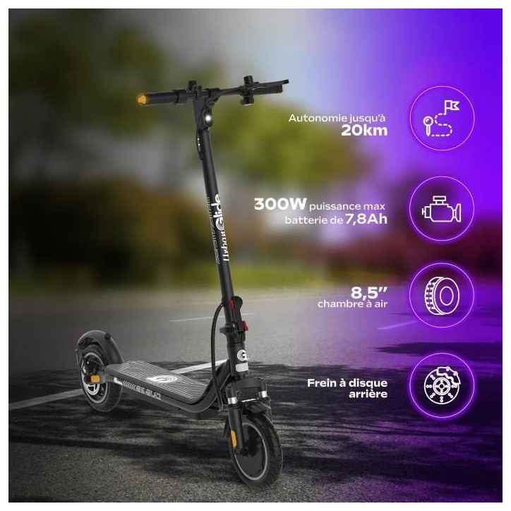 Trottinette électrique - URBANGLIDE - 85 Evo - 300 W - Pneus 8,5 - Max 25 km/h - Autonomie jusqu'a 20 km Trottinette électrique - URBANGLIDE - 85 Evo - 300 W - Pneus 8,5 - Max 25 km/h - Autonomie jusqu'a 20 km